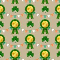 Celebrate St. Patrick's Day with this seamless pattern featuring a garland of Irish flag-inspired triangles, shamrocks, and a golden award. Perfect for wallpapers, fabrics, and wrapping paper. Vector. vector