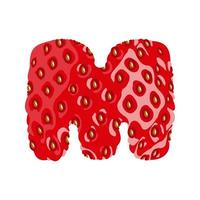 Strawberry font. Letter M. Alphabetical character with strawberry texture. Character representing one or more of the sounds used in speech. Decorative fruit font. Vector illustration.