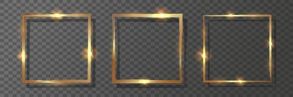 Decorative golden shiny square frames. Realistic gold borders on a dark background. Set of three borders. Vector illustration.