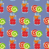 Colorful candy pattern with lollipops standing in a glass jar filled with red heart-shaped candies and tied with a satin ribbon bow. Seamless pattern. Vector illustration.