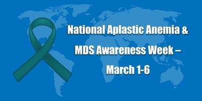 Raise awareness for National Aplastic Anemia and MDS Awareness Week with our impactful banner featuring a green ribbon and a world map on a blue background. Vector illustration.