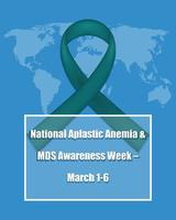 Join the global effort to raise awareness for National Aplastic Anemia and MDS Awareness Week with our vertical flyer featuring a green ribbon and world map on a blue background. Rare blood disorders. vector