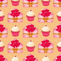 Seamless colorful pattern with pink envelopes tied with satin ribbons and filled with red hearts, along with delectable delicious cupcakes with whipped vanilla cream in paper crimped packaging. Vector