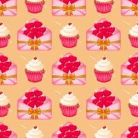 Seamless colorful pattern with pink envelopes tied with satin ribbons and filled with red hearts, along with delectable delicious cupcakes with whipped vanilla cream in paper crimped packaging. Vector