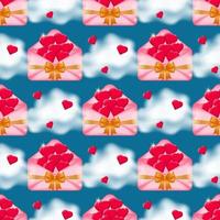 Charming seamless pattern of pink envelopes tied with satin ribbons and brimming with red hearts, set against a dreamy backdrop of fluffy clouds on a blue sky. Vector illustration.