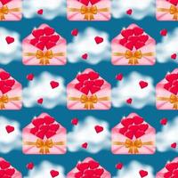 Charming seamless pattern of pink envelopes tied with satin ribbons and brimming with red hearts, set against a dreamy backdrop of fluffy clouds on a blue sky. Vector illustration.