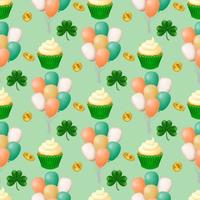 St. Patrick's Day seamless pattern with Irish flag colored balloons, clover leaves, gold coins, and a cupcake with whipped cream. Perfect for fabric, wrapping paper, and wallpaper. Vector illustration