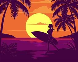 Girl Running on the sunset beach vector