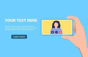 Landing page of a girl talking while holding a phone. The concept of virtual conversations vector