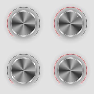 Realistic metal and plastic radio switch. Different level buttons and power regulators set