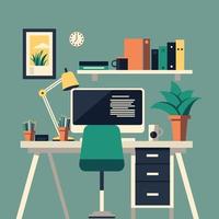 Computer desk workplace concept, flat design vector illustration