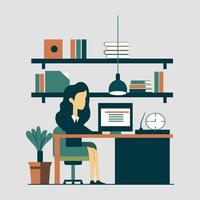 office work in front of laptop in office room, flat design vector illustration