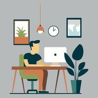 office work in front of laptop in office room, flat design vector illustration