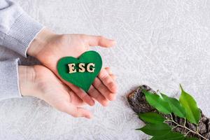 ESG concept. Green heart with letters in the palms and leaves on the bark of a tree on a gray photo