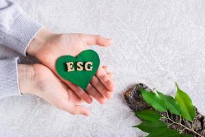 esg concepto. verde corazón con letras en el palmas y hojas en el ladrar de un árbol en un gris foto