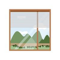 Simple room window clipart cartoon style. Open window with landscape view flat vector illustration. Mountain outside window framed hand drawn style. Cute vector illustration flat style