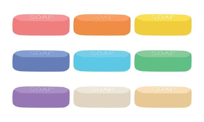 Set of multicolored bath or shower soap bar in flat style vector illustration. Simple soap clipart cartoon hand drawn doodle style. Bathroom, toilet, toiletries concept