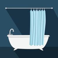 Ceramic bathtub with long shadow in flat style vector illustration. Simple white bathtub with open blue curtain clipart cartoon style, hand drawn doodle style. Cute vector design illustration