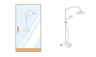 Shower and shower cabin in flat style vector illustration. Simple shower zone with rain head, hand-held shower, and glass door clipart cartoon hand drawn doodle style. Cute vector illustration
