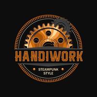 Bright colorful vintage label with copper gear wheels and text. Emblem for handmade goods. Steampunk style. vector