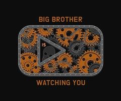 Video play icon of social media in vintage style with black, rusty gears, metal rail, rivets, text. Silhouette of skull inside of button. Concept of global supervision through internet, social media vector