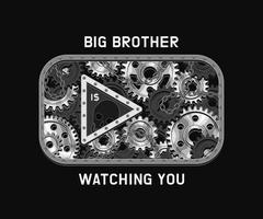 Video play icon of social media in vintage style with gears, metal rail, rivets, text. Silhouette of skull inside of button. Big brother is watching. Concept of global supervision through internet, SM vector