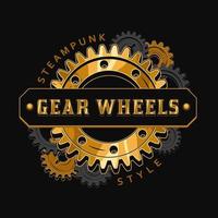 Bright colorful vintage label with black cast iron and glossy gold gearwheels, horizontal space for text. Round emblem in steampunk style. vector