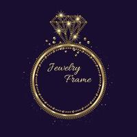 Circular golden frame in the shape of ring with diamond. Jewelry chains, beads, small glittering particles. Negative space for copy placement. Logo, emblem, badge for branding. vector