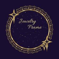 Circular golden frame with large negative space for copy placement. Jewelry gold chains, beads, shiny stars, small glittering particles. Logo, emblem, badge for anniversary, award on dark background vector