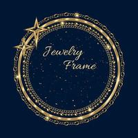 Circular golden frame with large negative space for copy placement. Jewelry gold chains, beads, shiny stars, small glittering particles. Logo, emblem, badge for anniversary, award on dark background vector