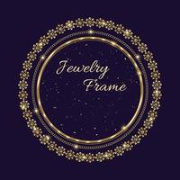 Circular golden frame with large negative space for copy placement. Jewelry gold chains, beads, shiny stars, small glittering particles. Logo, emblem, badge for anniversary, award on dark background vector