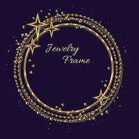 Circular golden frame with large negative space for copy placement. Jewelry intertwined gold chains, beads, shiny stars, small glittering particles. Logo, emblem, badge for anniversary, award vector