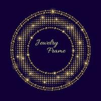 Circular frame with golden beads. Round halftone shape with gold chains, small sparks. Logo, emblem, badge for anniversary, award design on dark background vector