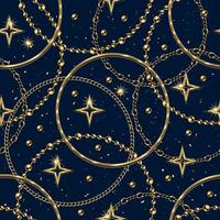 Jewelry pattern with golden stars, small glittering particles, beads, circles made of gold chains. Luxury cosmic, space background for branding. vector