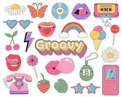 Groovy retro clipart set. Funny stickers or badges in trendy psychedelic cartoon style. Trendy Pop Culture badges graphic design icons. vector