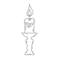 Candle with flowing wax in a candlestick. Hand drawn illustration in doodle style. vector