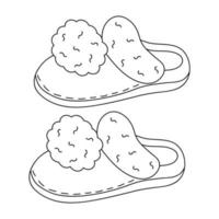 Soft fluffy house slippers. Warm cozy fur flip flops with pompons. Hand drawn illustration in doodle style. vector