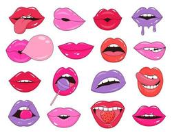 conjunto de lustroso hembra labios. popular Arte pegatinas, Moda parches en retro estilo. sexy mujer labios expresando diferente emociones vector