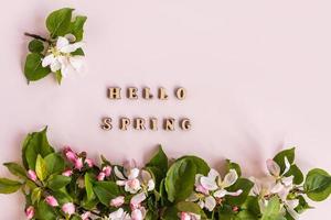 top view of the flowering branches of an apple tree and wooden letters with the text hello spring on a pink background. flat lay. frame, postcard. photo