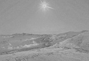 Bright sun above snowy mountain slopes, clouds engraving hand drawn sketch photo