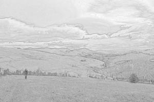 Wide mountain hillside with hiker and houses engraving hand drawn sketch photo