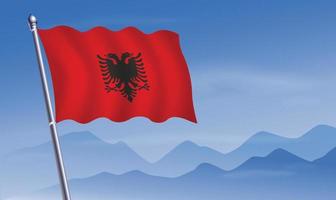 Albania bandera con antecedentes de montañas y cielo azul cielo vector