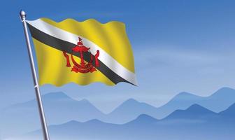 Brunei bandera con antecedentes de montañas y cielo azul cielo vector