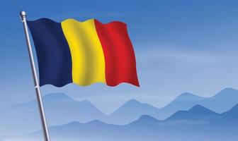 Chad flag with background of mountains and skynd blue sky vector