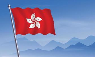 Hong Kong flag with background of mountains and sky vector