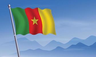Camerún bandera con antecedentes de montañas y cielo azul cielo vector