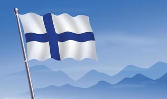 Finlandia bandera con antecedentes de montañas y cielo vector