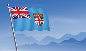 Fiji flag with background of mountains and sky vector