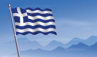 Greece flag with background of mountains and sky vector