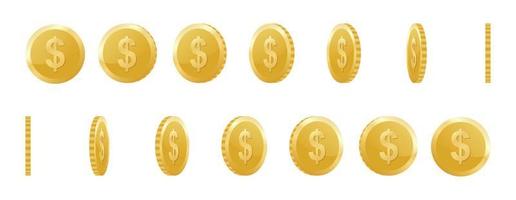 Spin gold coin on transparent background, set of rotation icons at different angles for animation. 3d gold coin. Vector illustration on transparent background